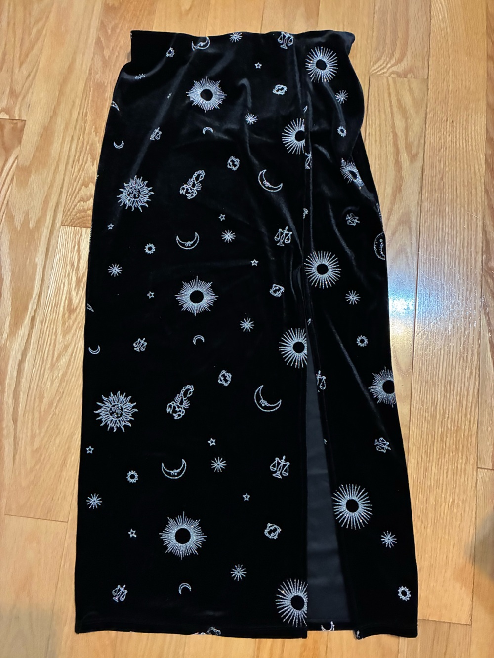 Divided Black Velvet Midi Skirt with Celestial Zodiac Motif